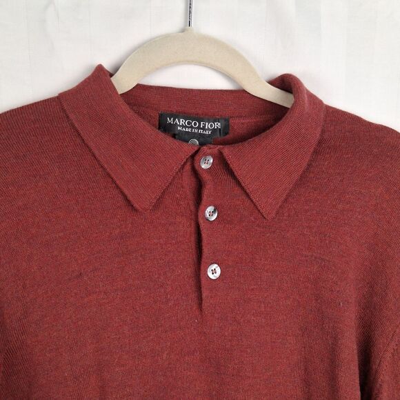Merino Wool Men's Sweater Marco Fioni Collared Polo Size L Berry Red - Picture 7 of 13